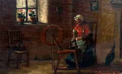 French Cottage Interior Lady at Spinning Wheel signed oil painting 