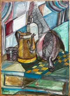 Natura morta cubista francese modernista Bollitore Bottiglia Setaccio Gouache Acrilico