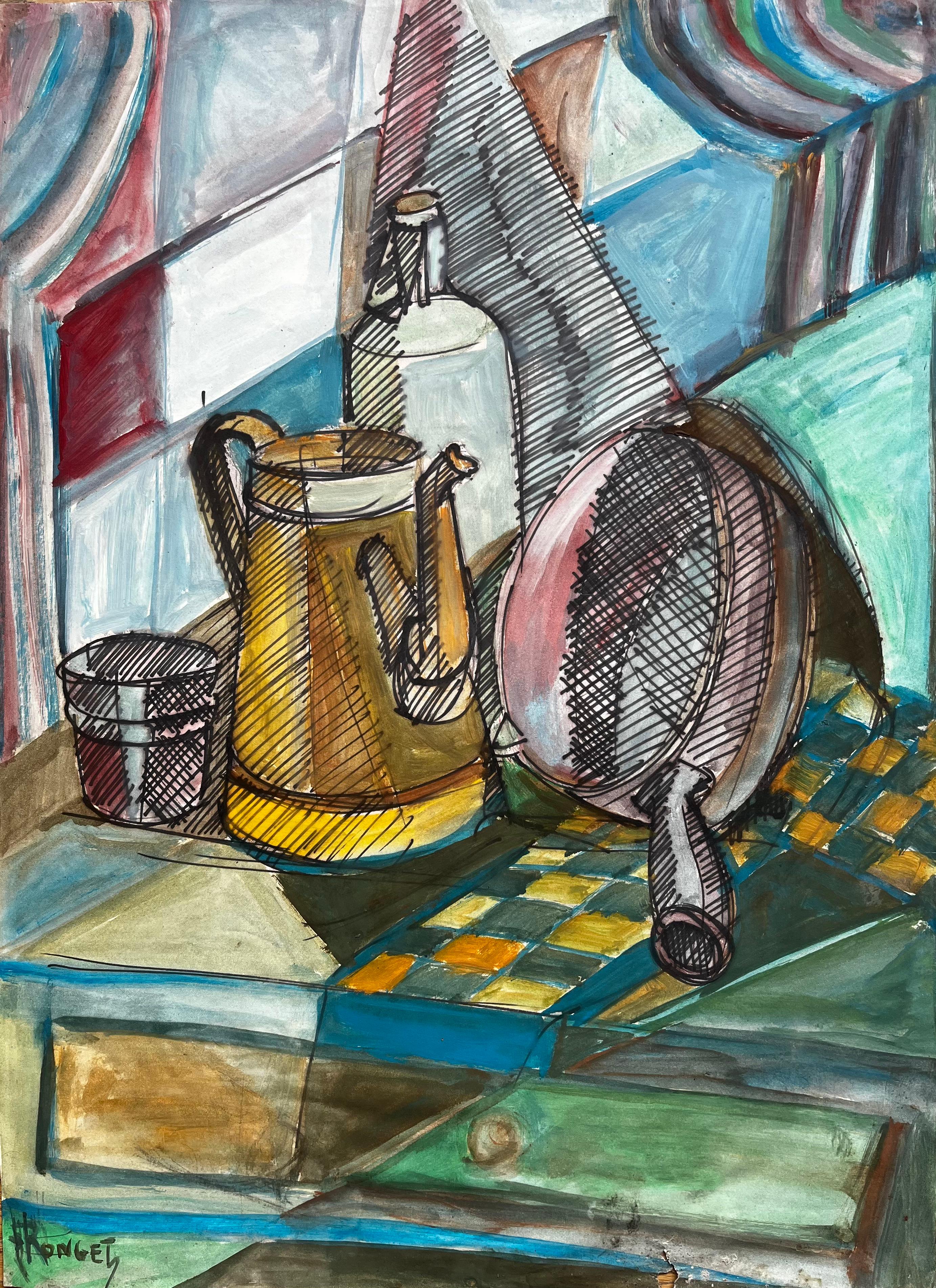 French School Nude - French Cubist Modernist Still Life Kettle Bottle Sieve Gouache Acrylic