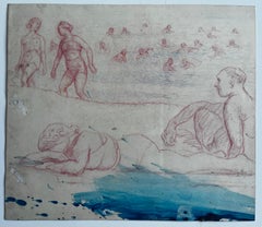 Dessin à l'encre et à la sanguine d'une étude de baigneuses française du début du 20e siècle