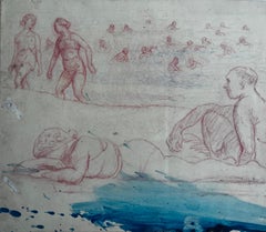 Dessin à l'encre et à la sanguine d'une étude de baigneuses française du début du 20e siècle