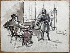 Französischer Expressionist Innenszene Mann sitzt am Tisch mit Frau Tintenstudie