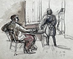 Französischer Expressionist Innenszene Mann sitzt am Tisch mit Frau Tintenstudie