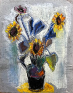 French Mid Century Expressionist Sunflowers In Black Vase Pastel