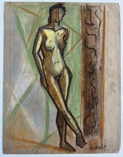 French Mid Century Modernist Nude Study Signed Ronger Chalk Drawing