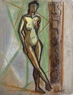 French Mid Century Modernist Nude Study Signed Ronger Chalk Drawing