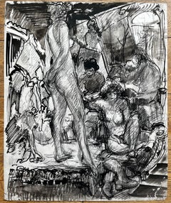 French Mid Century Multi Figure Interior Scene Ink And Wash