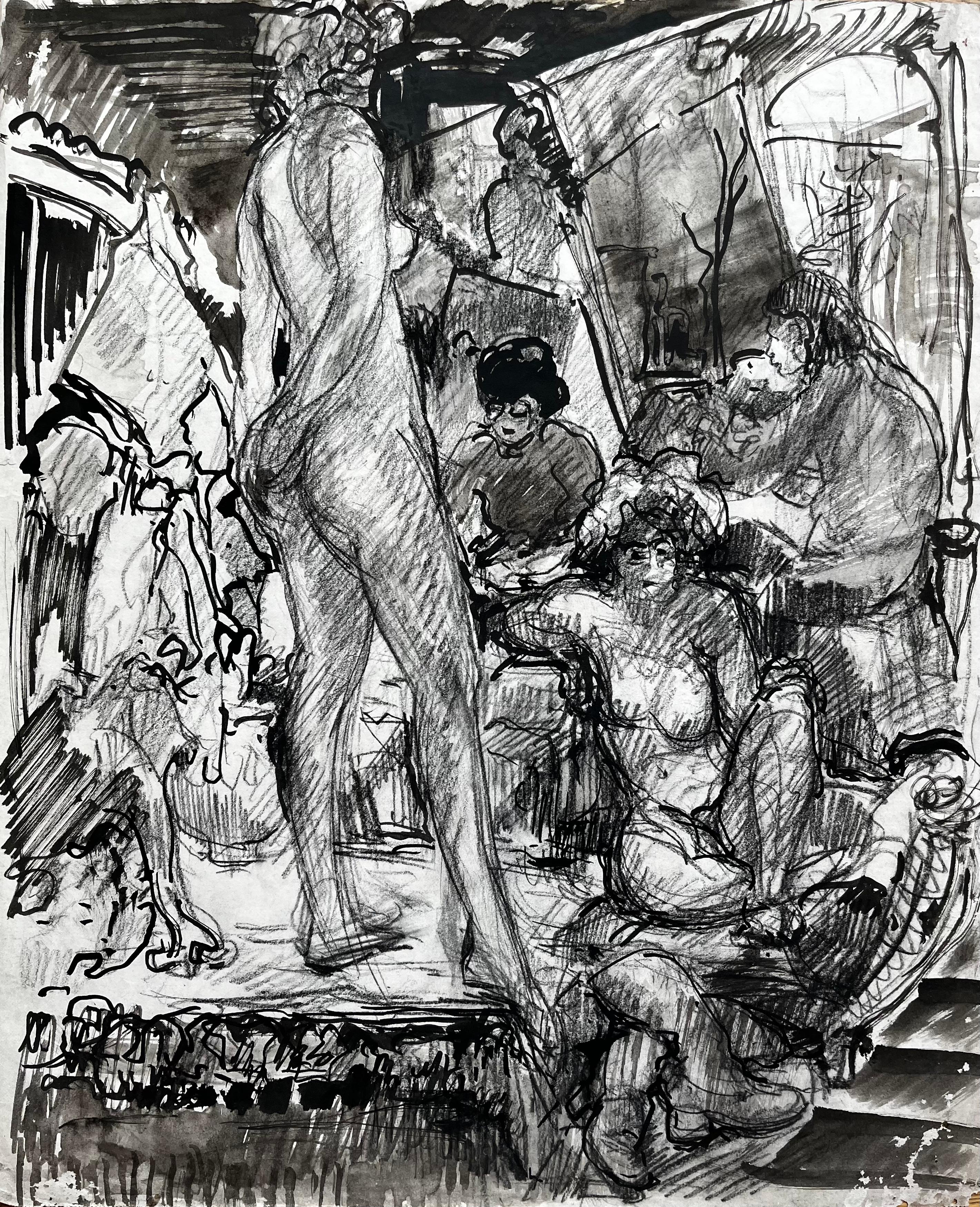 French Mid Century Multi Figure Interior Scene Ink And Wash