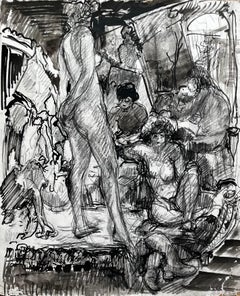 French Mid Century Multi Figure Interior Scene Ink And Wash