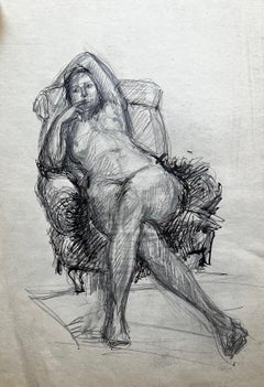 Estudio de figura femenina desnuda sentada francesa de mediados de siglo