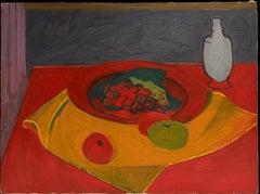 French Modernist Still Life with Fruit Bowl Bottle & Bold Red Tablecloth Study