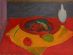 French Modernist Still Life with Fruit Bowl Bottle & Bold Red Tablecloth Study