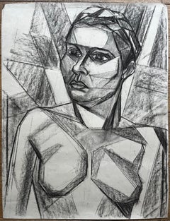 French School Mid Century Cubist Female Portrait Charcoal Study