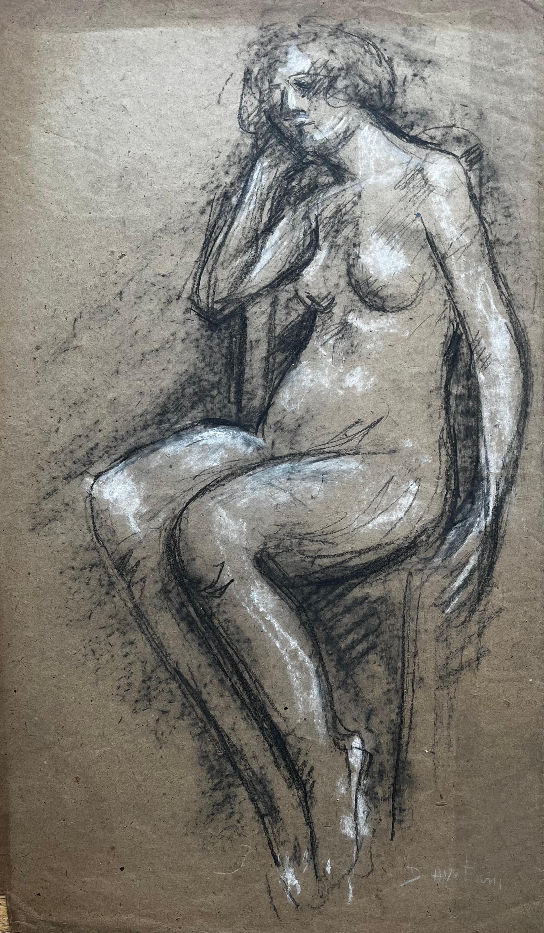 Escuela Francesa Mediados de Siglo Figura Femenina Desnuda Sentada Estudio Carboncillo