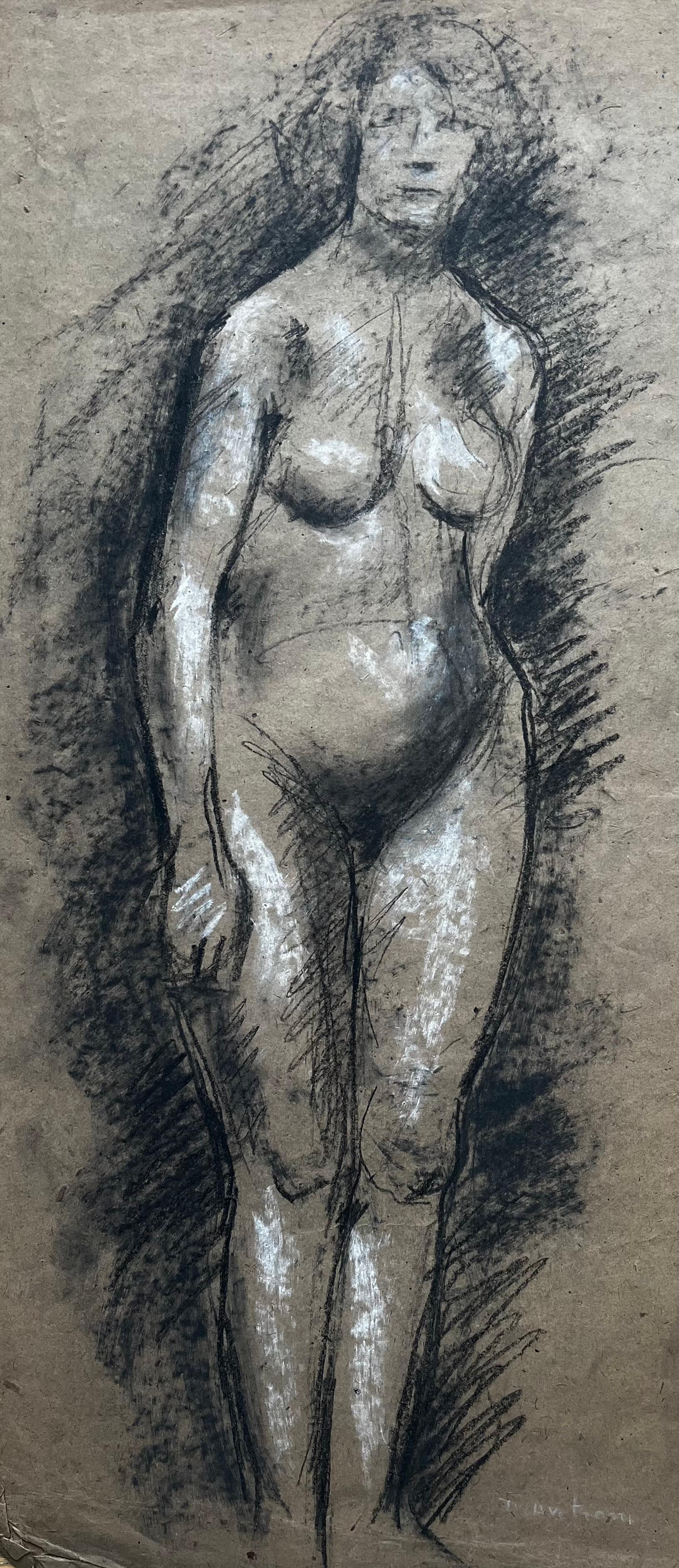French School Mid Century Standing Female Nude Figure Study Charcoal