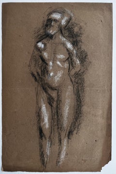 École française Milieu du siècle Nu masculin debout Figure Étude Fusain