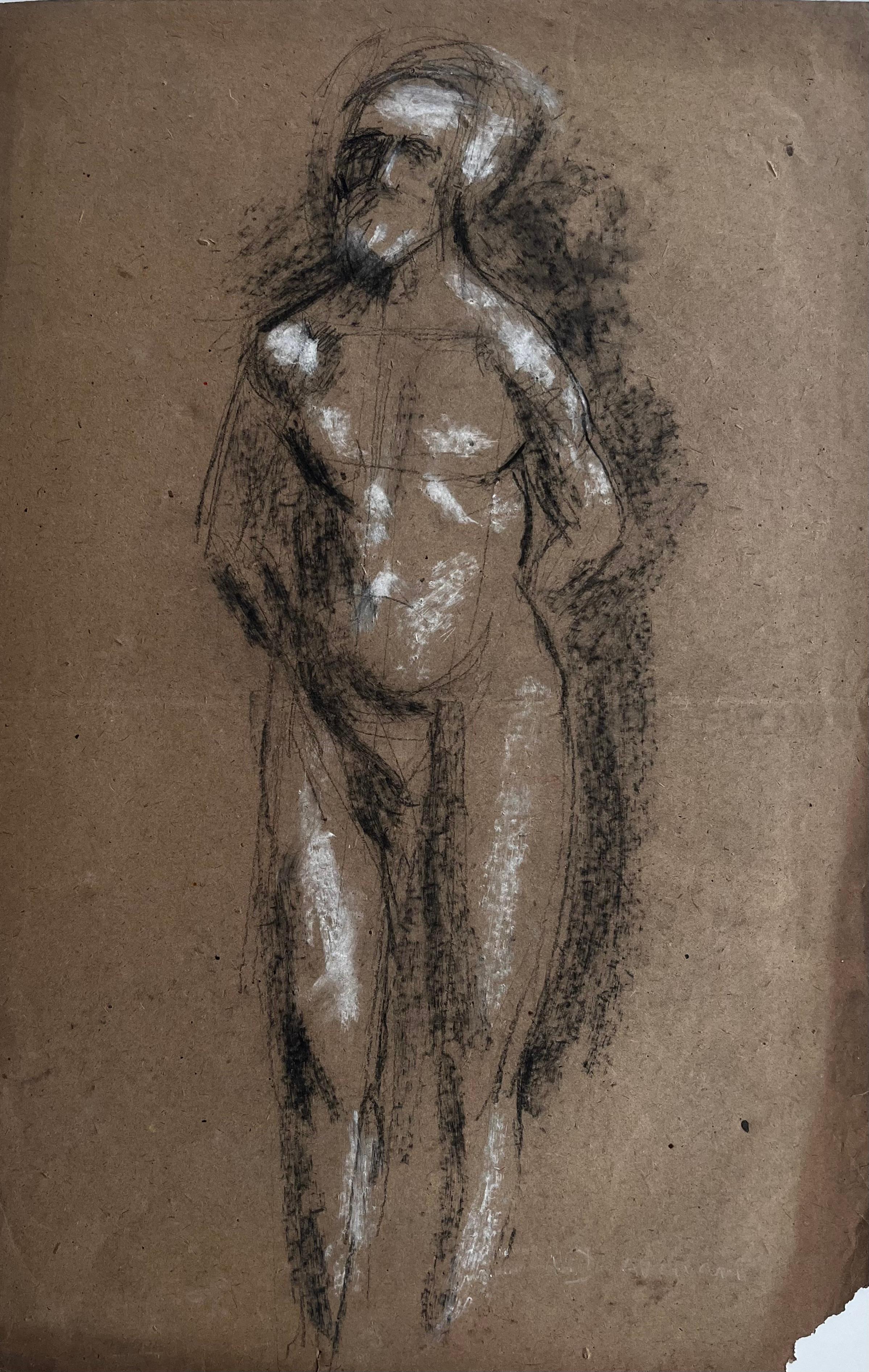 Title: French School Mid Century Standing Male Nude Figure Study Charcoal

Medium: Charcoal and white chalk on brown artists paper, unframed
Size: 19.75 x 12.75 inches (height x width)
Signed: Illegible signature bottom right
Provenance: private