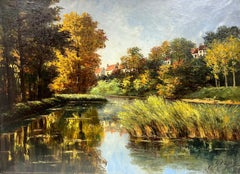 Golden Trees over European Lake Very Large Signed 1950's Oil on Canvas painting