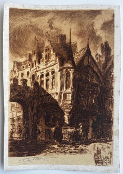 Historic European Market Square Fountain Architectural Etching on Paper