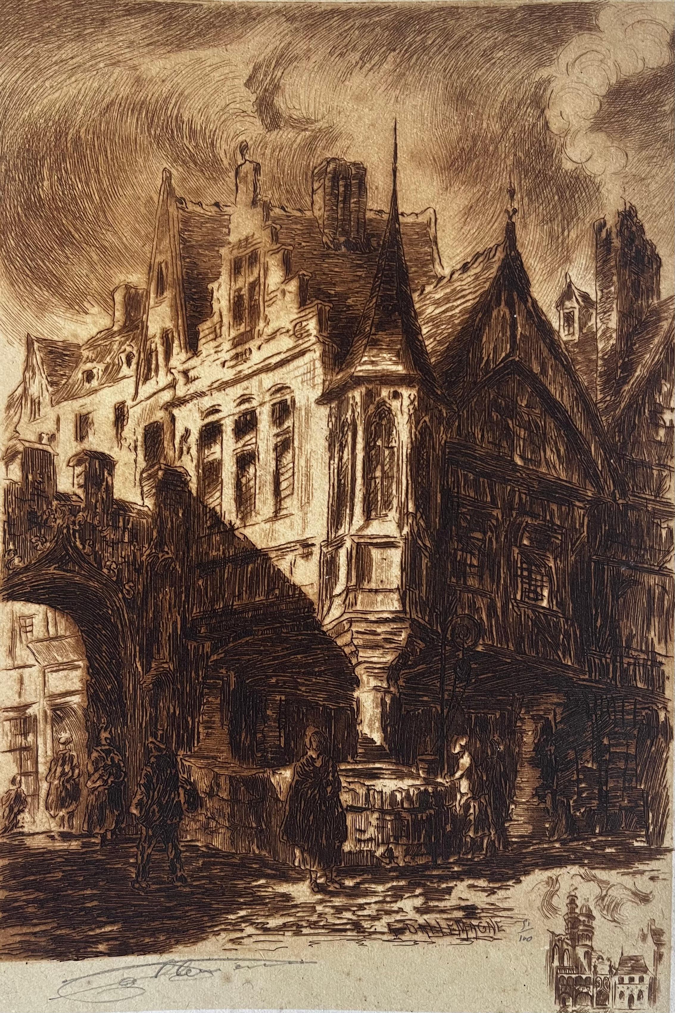 Historic European Market Square Fountain Architectural Etching on Paper