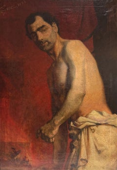Large 1890's French Academic Portrait Semi Nude Male Red Background Signed Oil