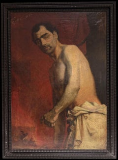 Large 1890's French Academic Portrait Semi Nude Male Red Background Signed Oil