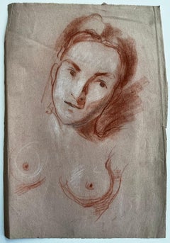 Étude de nu académique du milieu du siècle Dessin sanguin Portrait féminin