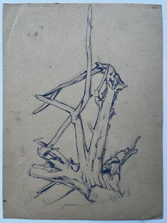 Mid Century Expressionist Tree Study Blue Ink Drawing