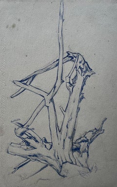 Mid Century Expressionist Tree Study Blue Ink Drawing