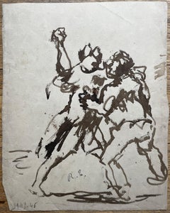 Mid Century Expressionist Two Figures in Motion Ink Wash Study Dated 1946