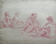 Mid Century French Academic Figure Study Red Chalk Drawing