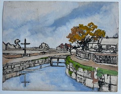 Mid Century French Canal Scene Gouache and Ink Painting