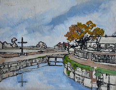 Mid Century French Canal Scene Gouache and Ink Painting