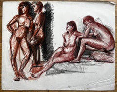 Mid Century French Female Nude Group Study Red Chalk Drawing