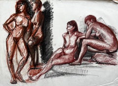 Mid Century French Female Nude Group Study Red Chalk Drawing