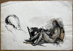 Mid Century French Figurative Nude Study and Female Profile Drawing