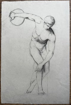 Mid Century French Male Nude Discus Athlete Pencil Drawing