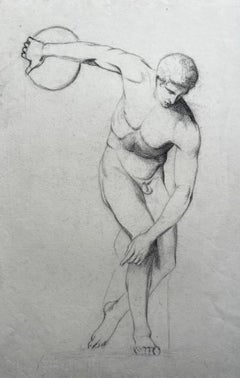 Mid Century French Male Nude Discus Athlete Pencil Drawing