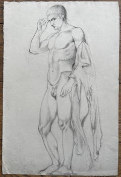 Mid Century French Male Nude Figure Study Pencil Drawing