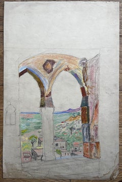 Mid Century French Mediterranean Archway Landscape Oil Pastel Drawing