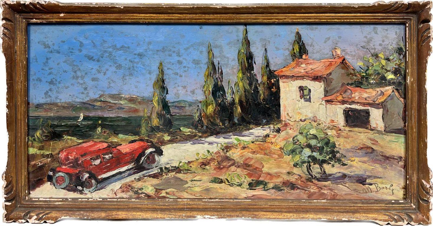 Mid Century French Post Impressionist Signed Oil Provence Mas Vintage Car - Painting by French School