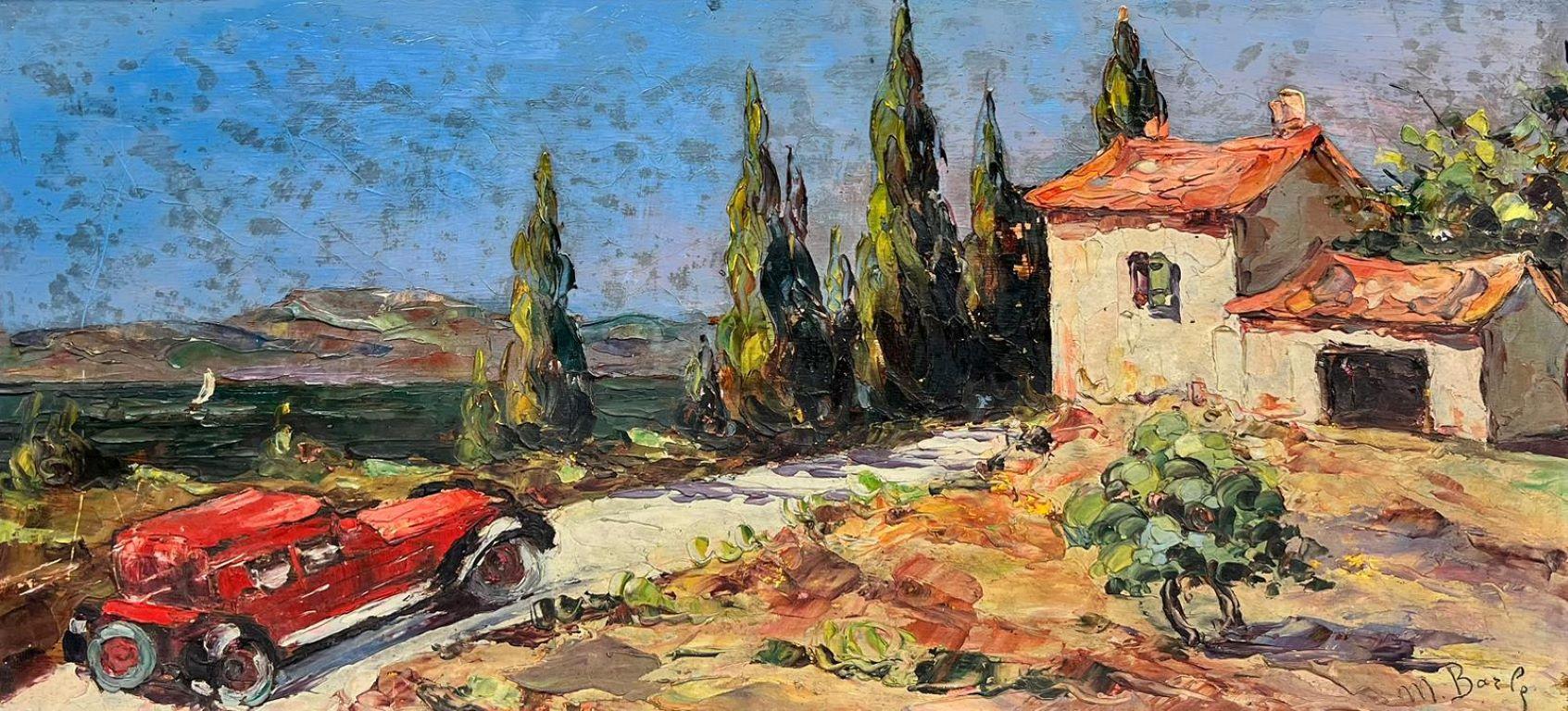French School Figurative Painting - Mid Century French Post Impressionist Signed Oil Provence Mas Vintage Car