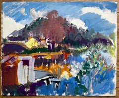 Paesaggio di scuola francese della metà del secolo scorso, acrilico Alberi fiume e cielo blu