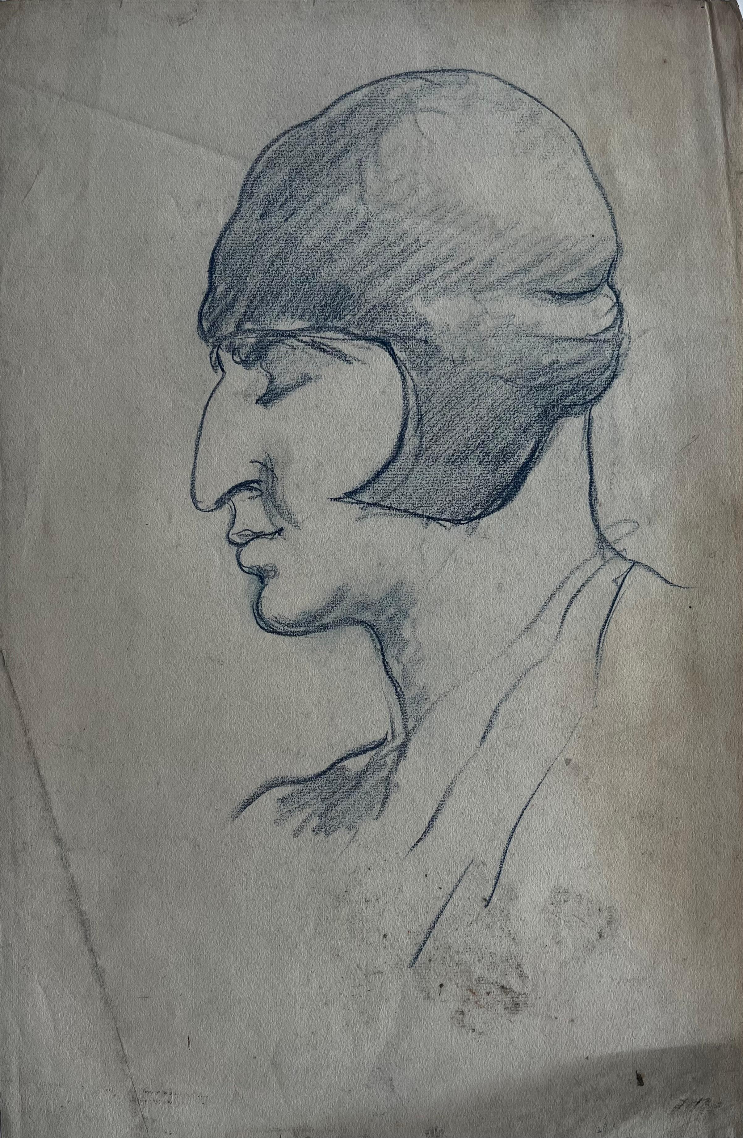 Title: Mid Century French School Male Profile Portrait Drawing

Artist: French School
Medium: Graphite pencil on artists paper unframed
Size: 18.75 x 12.5 inches (height x width)
Provenance: private collection
Condition: Good overall with visible