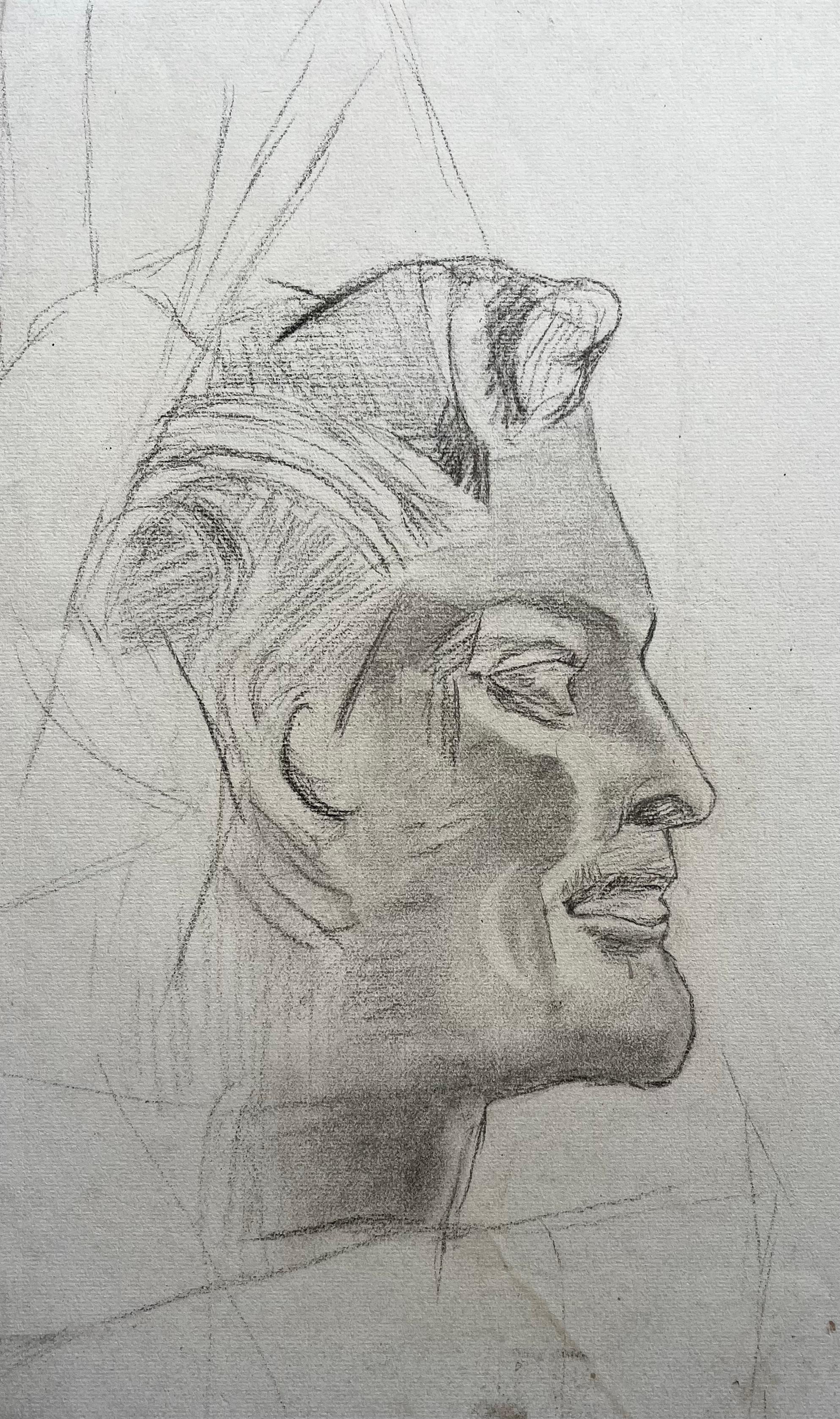Title: Mid Century French School Male Profile Portrait Pencil Drawing

Medium: Graphite pencil on artist paper, unframed
Size: 18.75 x 12.5 inches (height x width)
Provenance: private collection
Condition: Fair vintage condition. Light surface
