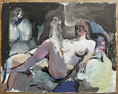 Peinture à la gouache de l'école française du milieu du siècle sur un nu couché