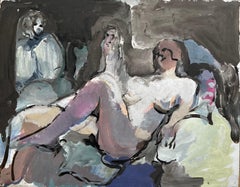 Peinture à la gouache de l'école française du milieu du siècle sur un nu couché