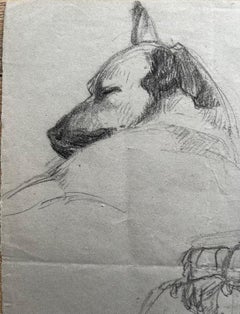 Mid Century French School Seated Man and Dog Pencil Drawing