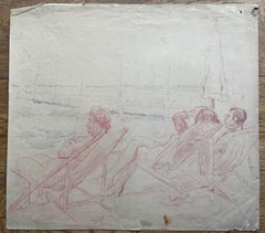 Mid Century French Seaside Deckchairs Figures Red Pencil Drawing