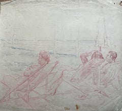 Mid Century French Seaside Deckchairs Figures Red Pencil Drawing